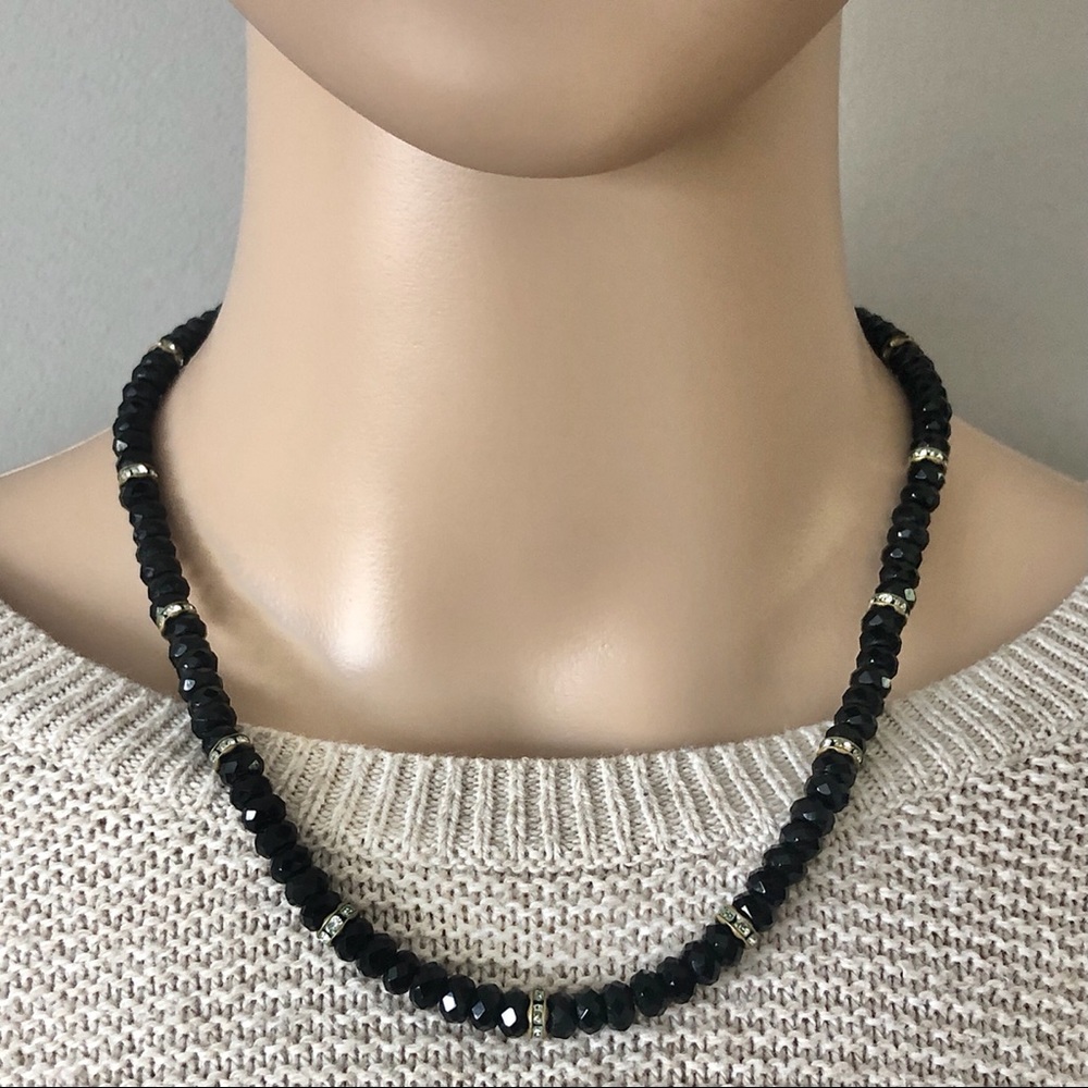 Vintage Black Glass Necklace Rhinestone Rondelle - Picture 7 of 7